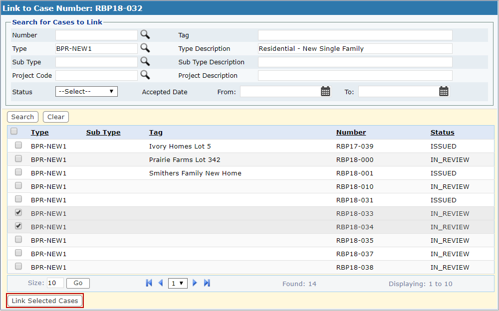Link to Case Number Search Results